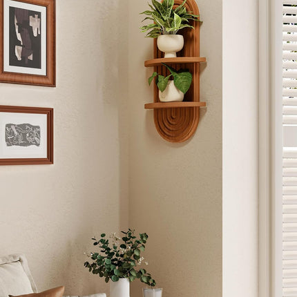 Boho Wooden Plant Wall Shelf, 2-Tier Arched Floating Shelves, Brown Mid-Century Decor