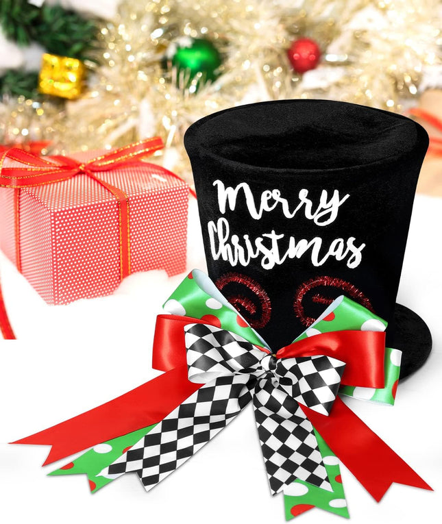 Holiday Tree Topper Top Hat – Whimsical Xmas Decor with Buffalo Check Bows