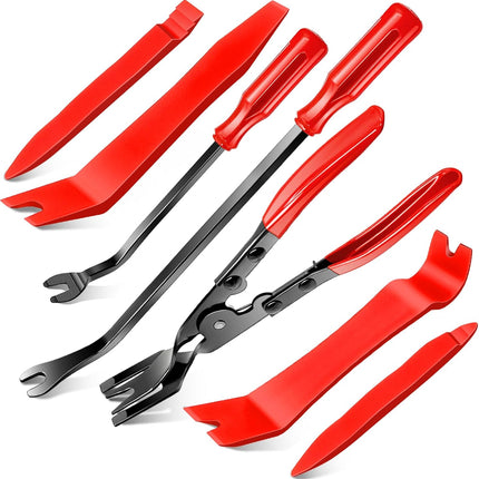 7-Piece Car Trim Removal Tool Kit, Non-Scratch Pry Tools & Clip Pliers, Red