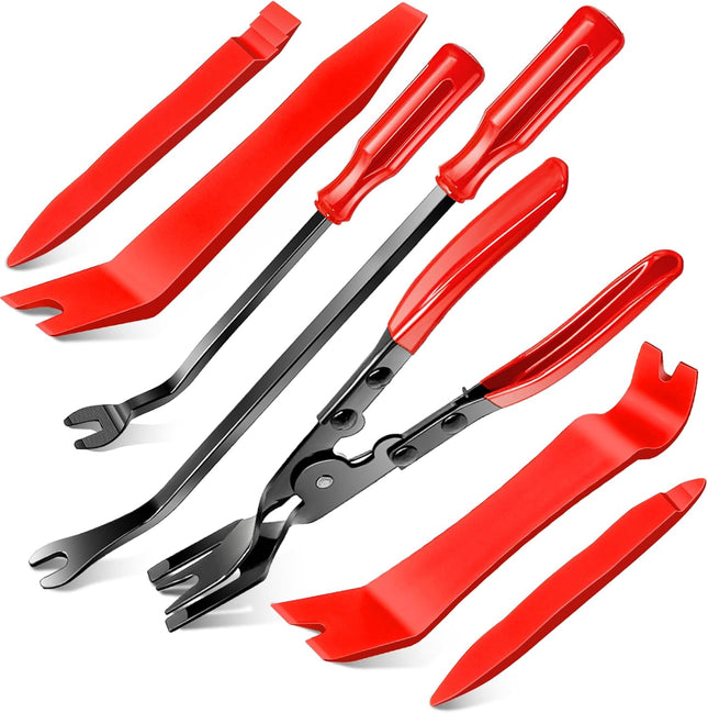 7-Piece Car Trim Removal Tool Kit, Non-Scratch Pry Tools & Clip Pliers, Red