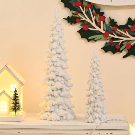 2PCS Resin White Christmas Tree Figurines | Mini Tabletop Xmas Decor