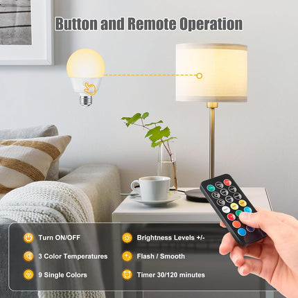 2 Pack E26 Rechargeable LED Light Bulbs with Remote Timer Magnetic Base RGB Colours