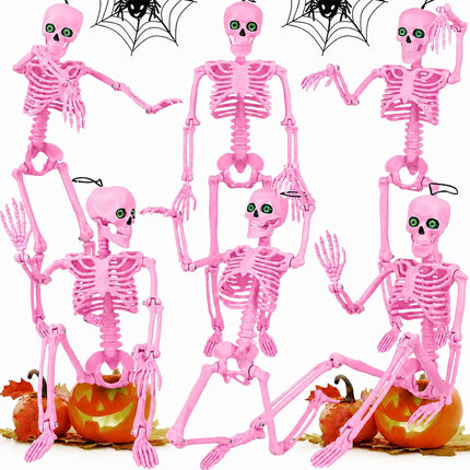 6-Pack 16in Pink Halloween Skeletons with Eyes & Box, Indoor Outdoor Yard Decor