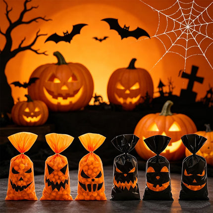 100-Pack Halloween Cellophane Candy Cookie Bags, Black Orange with Twist Ties