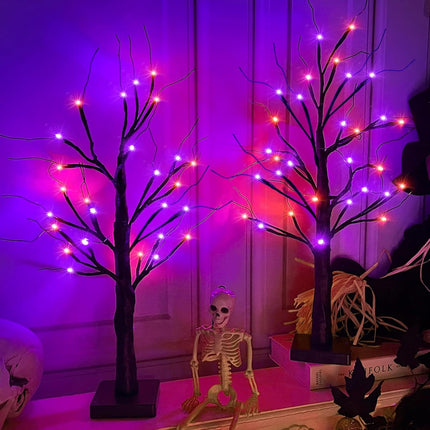 2-Pack 24in Halloween Light-Up Trees, 48 LED Orange Purple Tabletop Decor, Timer