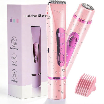 2-in-1 Bikini Trimmer for Women, Waterproof Ceramic Blade Electric Shaver, Rechargeable