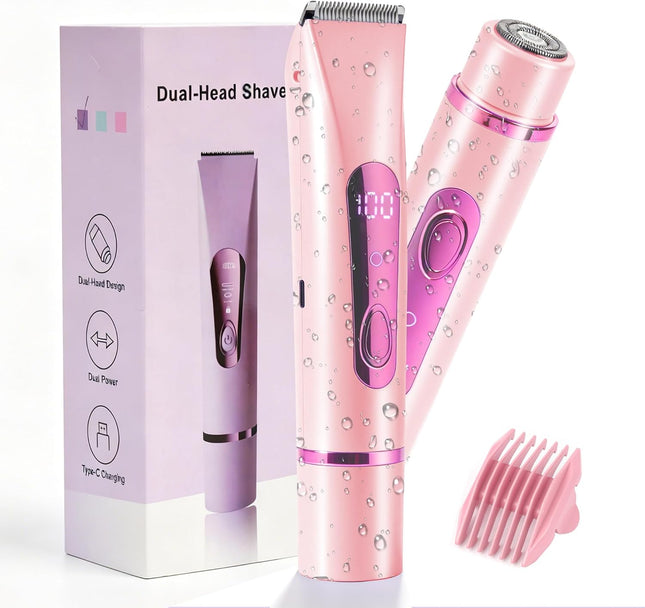 2-in-1 Bikini Trimmer for Women, Waterproof Ceramic Blade Electric Shaver, Rechargeable