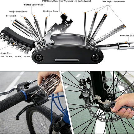 16-in-1 Bike Multi Tool Kit, Portable Bicycle Repair Tool with Hex Keys & Tire Levers