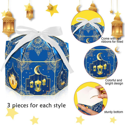 12PCS Eid Mubarak Boxes Blue Candy Treat Boxes with Ribbon for Ramadan