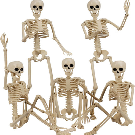 5-Piece 15.7in Posable Mini Skeletons, Articulated Hangable & Standable Party Decor