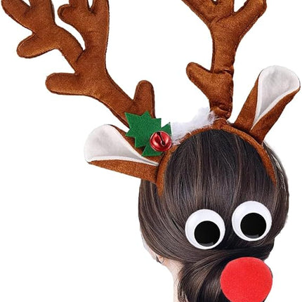 4 PCS Christmas Reindeer Antlers Headbands with Red Nose & Jingle Bells