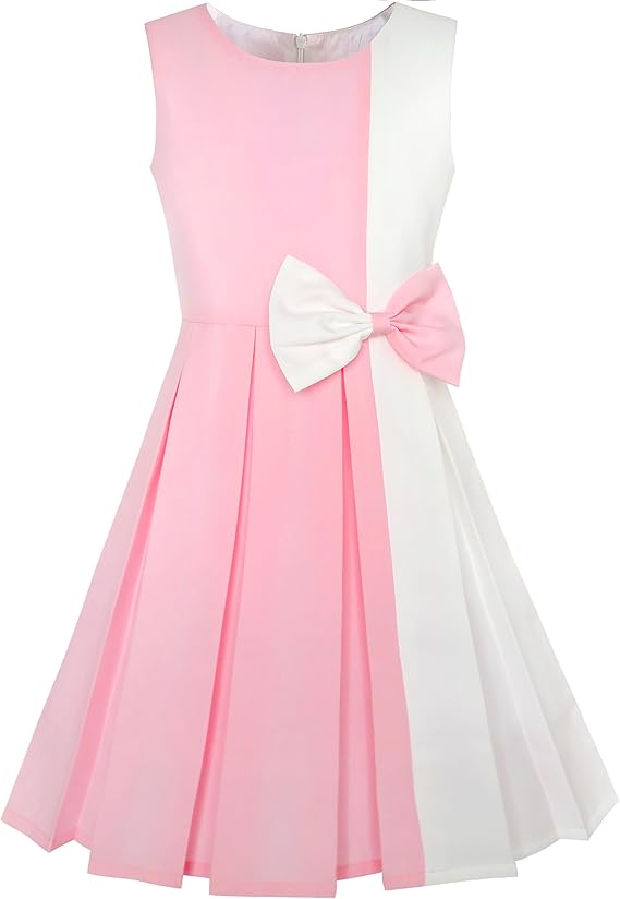 Kids Girls Contrast Bow Tie Dress Color Block Everyday Party Dress Size 4-14