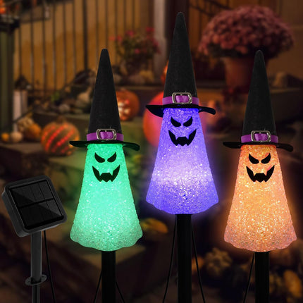 3-Pack Solar Halloween Ghost Pathway Lights, Waterproof Yard Stakes, Orange Purple Green