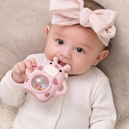 Baby Teether & Sensory Rattle Toy, Anti-Drop Hand Mitt, Teething Relief, Pink Cow