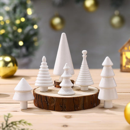 6PCS Mini Wooden Christmas Trees – White Farmhouse DIY Tabletop Decor