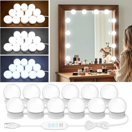 12Pcs LED Vanity Mirror Lights, 3CCT, 10-Level Dimming, USB, Hollywood Style