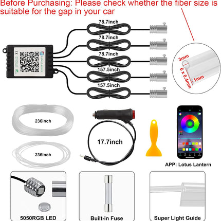Interior Car LED Strip Lights, 5-in-1 RGB, 16M Colors, Music Mode, 236" Fiber Optic