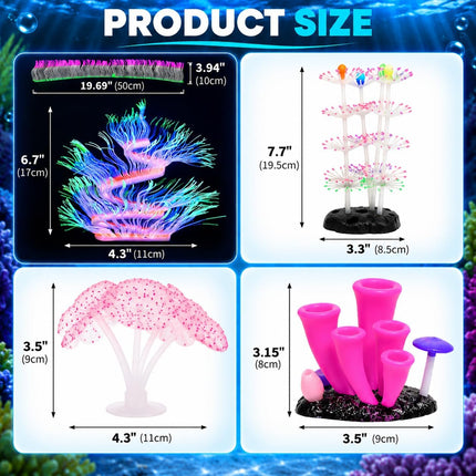 4 Pcs Glowing Silicone Aquarium Decorations Coral Reef Plants with Suction Cup Bases