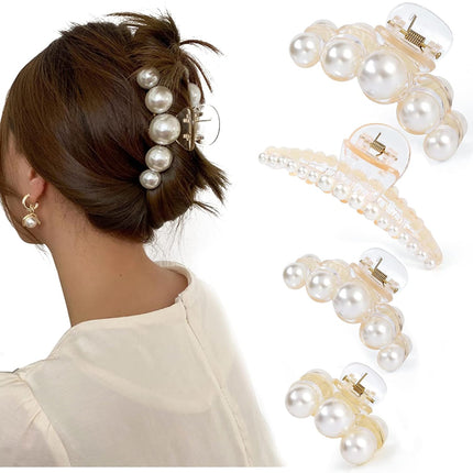 4PCS Large Pearl Hair Claw Clips for Women Girls Thick Hair Styling