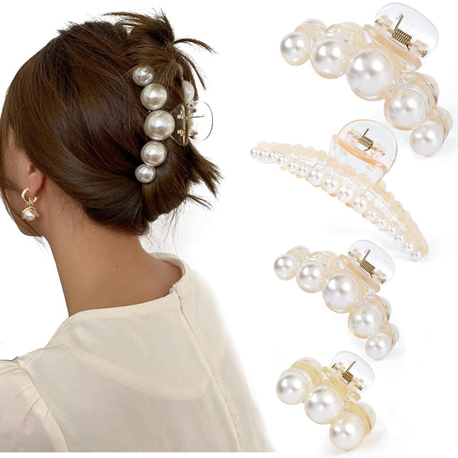 4PCS Large Pearl Hair Claw Clips for Women Girls Thick Hair Styling