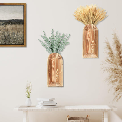 2 Pack Wooden Wall Vase Set, Brown Farmhouse Boho Decor for Entryway & Living Room