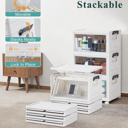 3 Pack 23 Quart Foldable Storage Bins with Lids, Front Doors, Wheels and Stackable Design