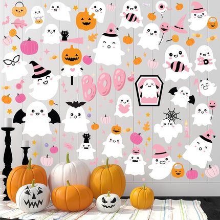 116-Piece Pink Halloween Wall Clings, Cute Ghost Pumpkin Boo Reusable Decals, 6 Sheets