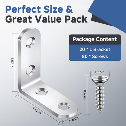 20PCS L Bracket Corner Braces – Stainless Steel, 90° for Shelves & Furniture