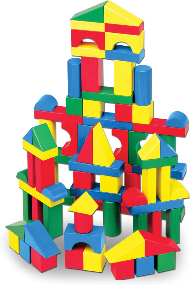 100pc Wooden Building Blocks Set with 9 Shapes & 4 Colors for Toddlers