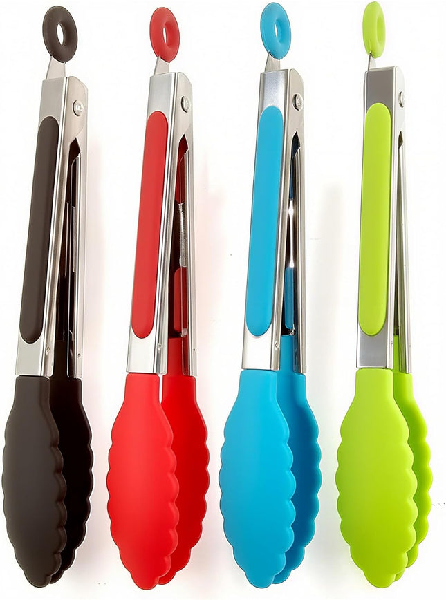 4Pcs Silicone Kitchen Tongs 7in Stainless Steel Heat Resistant Locking Grip