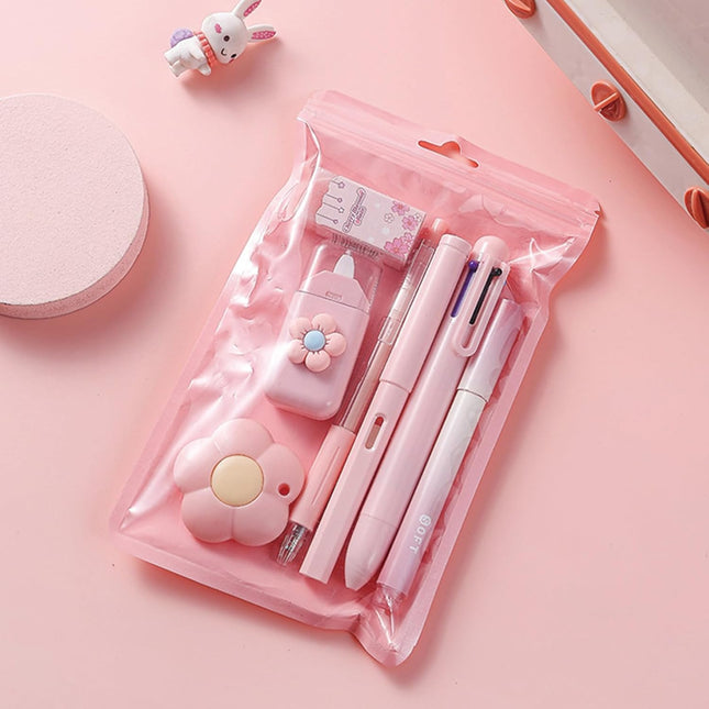 7-Pcs Pink Stationery Set – Cute Kawaii Supplies with Pens, Sharpener, Tape & Ruler