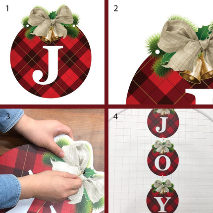 3 PCS Buffalo Plaid Christmas Wreaths with Joy Signs for Indoor & Outdoor Use