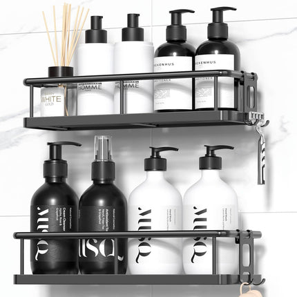 2 Pack Black Shower Caddy Adhesive, Rustproof No Drill Shower Organizer Shelves