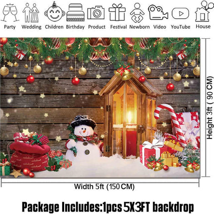 Christmas Photo Studio Backdrop – Snow Wood Floor with Snowman & Santa 5x3FT