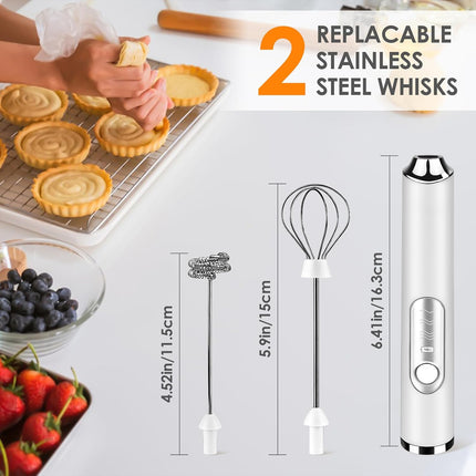 Rechargeable Milk Frother with 3 Speeds, 2 Stainless Steel Whisks, 1500mAh Battery White