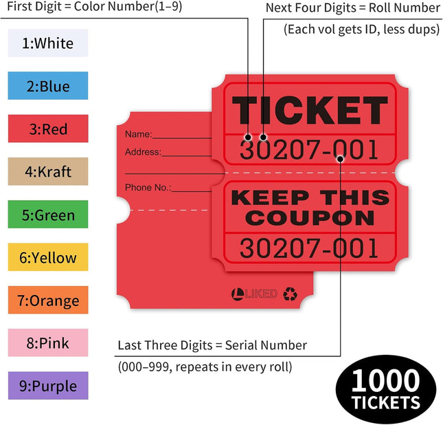 Red Raffle Tickets 1000 Pairs Double Roll 50/50 Numbered Tickets for Events and Prizes