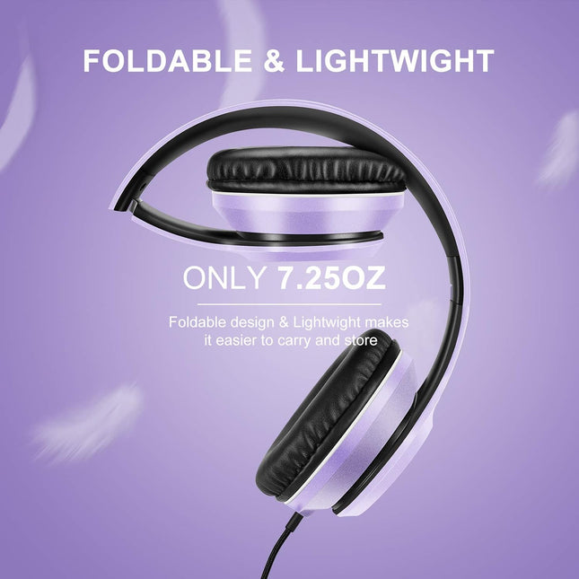 Over-Ear Wired Headphones with Mic Foldable Lightweight 3.5mm Dark Purple
