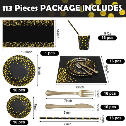 129pcs Black & Gold Party Set – Plates, Cups, Napkins & Cutlery for 16 Guests