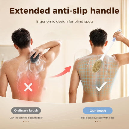 Blue Shower Back Scrubber Long Handle Double Sided Bristles Anti Slip Grip