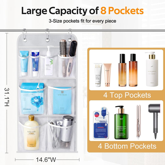 Hanging Mesh Shower Organizer – Holds 340oz/1000ml Shampoo, Over-Door Hooks