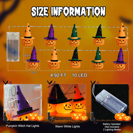 Halloween String Lights 4.9FT 10 LED Pumpkin & Witch Hat Lights, Battery Operated
