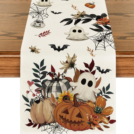 210 GSM Halloween Table Runner 13x72in, Pumpkin Ghost Spider Web Dining Decor