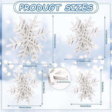 8PCS Wooden Snowflake Decorations – 3D White Glitter Tabletop Xmas Centerpieces