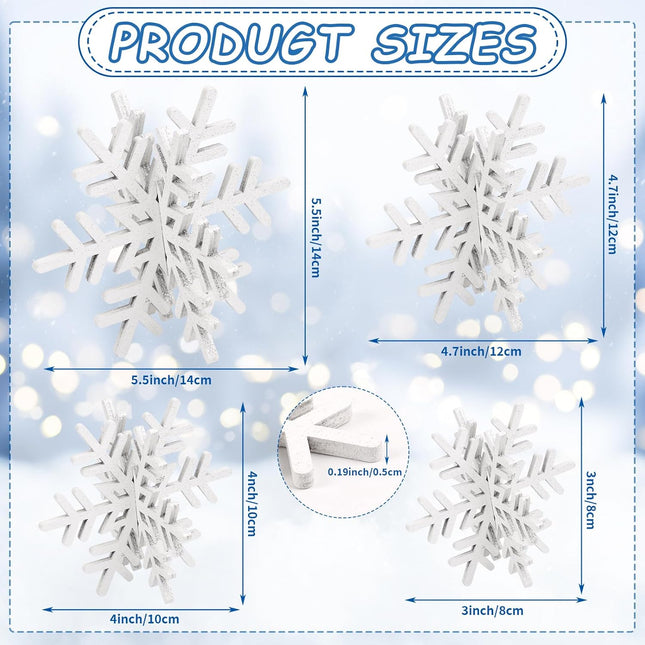 8PCS Wooden Snowflake Decorations – 3D White Glitter Tabletop Xmas Centerpieces