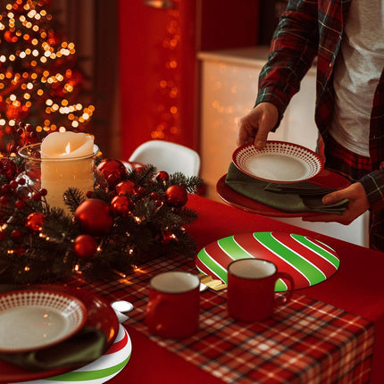 120PCS Christmas Paper Placemats Disposable Set – Red & Green Candy Cane Elf Round Designs