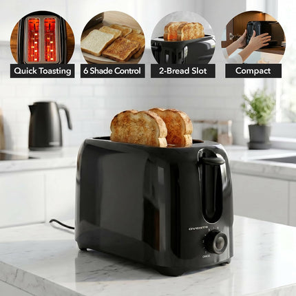 700W 2 Slice Electric Toaster Black TP2210B with 6 Shade Settings Removable Crumb Tray