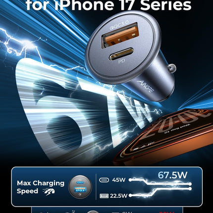 67.5W Car Charger, PD & QC Fast Charging USB-C Adapter for iPhone & Samsung