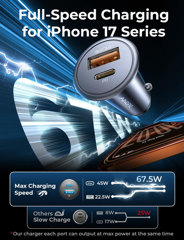67.5W Car Charger, PD & QC Fast Charging USB-C Adapter for iPhone & Samsung