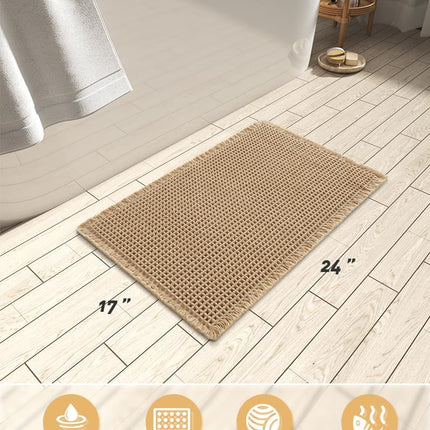 Waffle Bath Mat 17x24", Ultra Absorbent Non-Slip Quick Dry Bathroom Rug, Brown