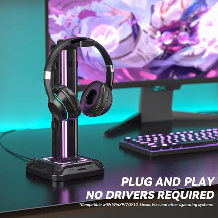 RGB Headset Stand with 9 Light Modes and Controller Holder for Gaming